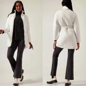 ATHLETA Mendocino Coat In Magnolia White Midi Length Front Zipper, Belt, Pockets